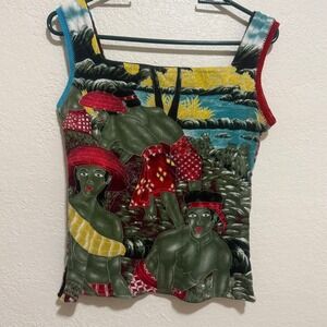 Custo Barcelona Vintage Graphic Print Tank Top Square Neck Sleeveless Multicolor